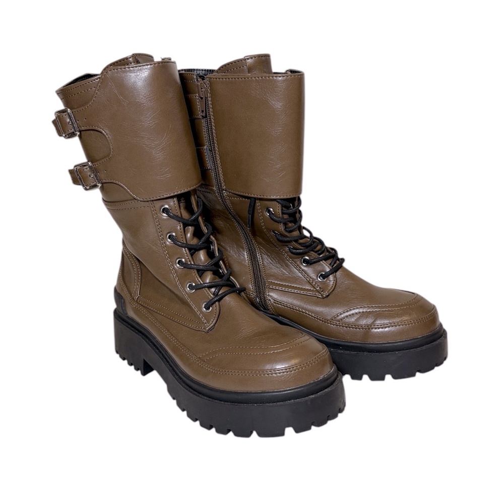 Urban Outfitters Women's Brown Moto Lace Up Combat Platform Boots, Size 8M